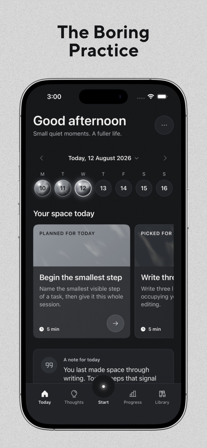 The Boring Practice Today screen with a suggested five-minute quiet activity