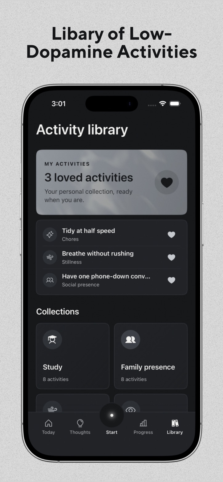 Activity library with low-stimulation activity collections
