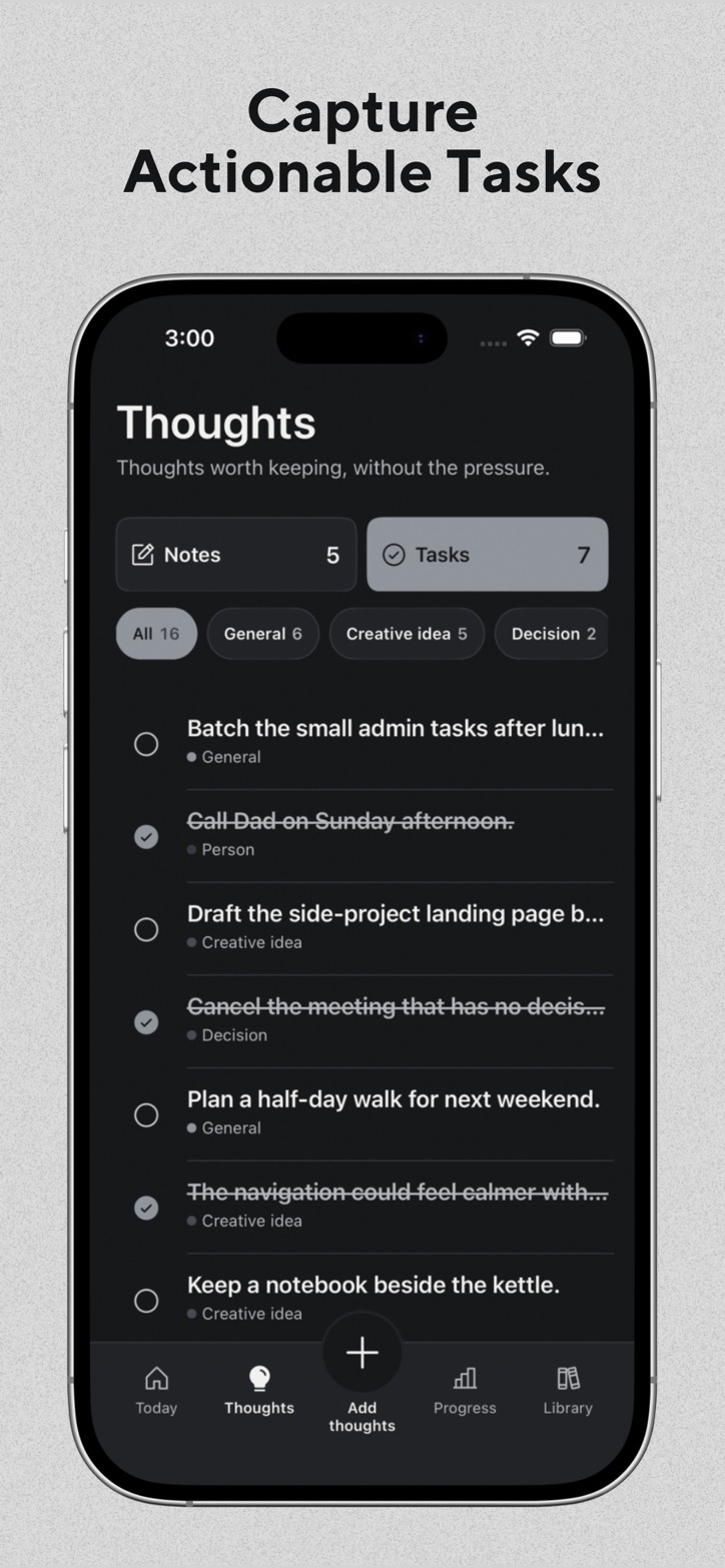 Tasks screen showing saved actions in The Boring Practice