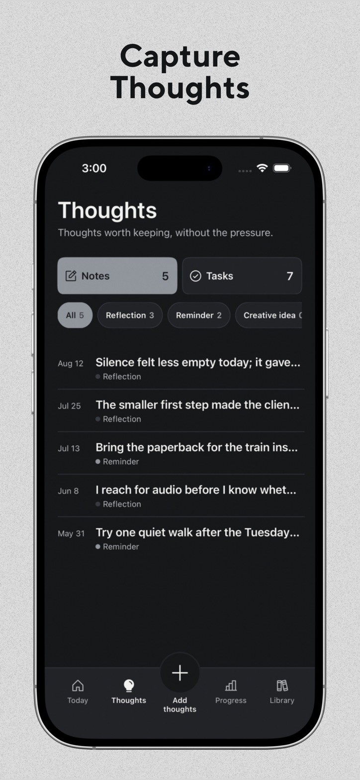 Thoughts screen showing private Notes in The Boring Practice